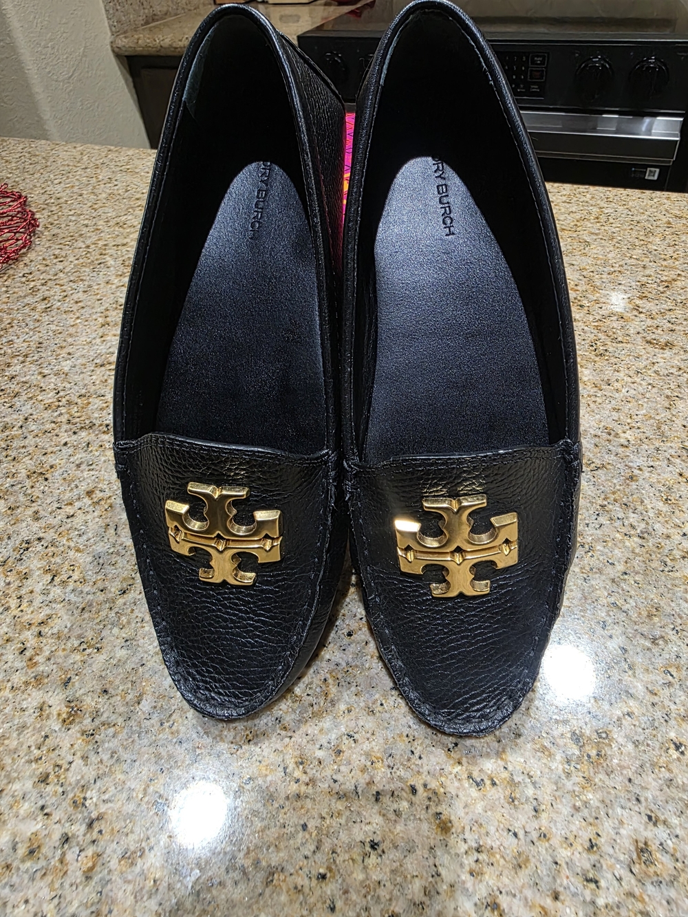 Tory Burch Black Leather Logo Loafers - Gold Hardware